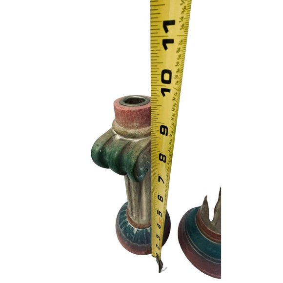 Vintage Pier 1 Pink Green Hand Painted Aztec Pillar Candlestick Holder‎ Pair 13" - Picture 6 of 12